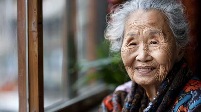 Elderly Chinese female happily gazes out of window - Powered by Adobe