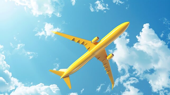 A bright yellow plane soaring in a blue sky with sun reflections - a vision of modern travel