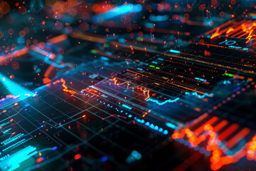 Closeup digital view of stock market analytics, vibrant graphs and tickers displaying live investment data