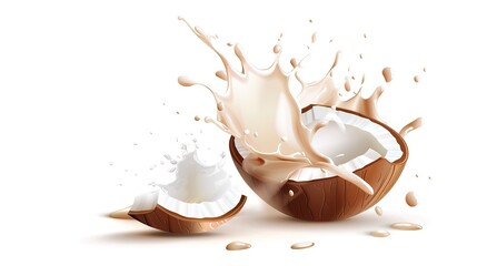 Fresh Coconut with Dynamic Milk Splash on White Background