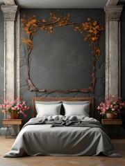 Bedroom interior rusty stone wall with floral framing and furniture