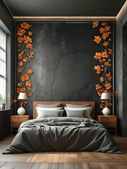 Bedroom interior rusty stone wall with floral framing and furniture