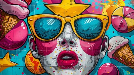 summer pop art design, pop art background adorned with sunglasses, ice cream cones, and beach balls, creating a vibrant and playful summer atmosphere © Aliaksandra