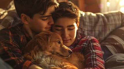 LGBTQ+ couple with pets in a couch surrounded by love 