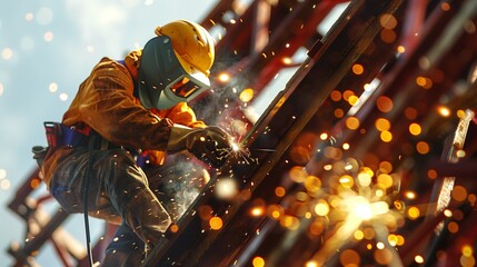 A construction worker is welding a steel beam on a skyscraper, high above an expansive cityscape.