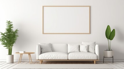 A white empty blank frame mockup mounted on a white wall in a minimalist living room, with a sleek sofa and abstract decor.