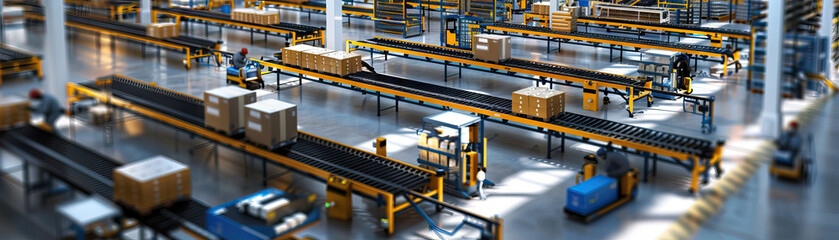 Online Retail Distribution Center Floor: Displaying conveyor belts, packaging stations, shipping docks, and workers fulfilling online orders
