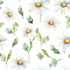 Seamless floral pattern with watercolor white daisies and green leaves. Print for wallpaper, cards, fabric, wedding stationary, wrapping paper, cards, backgrounds, textures