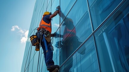 man is seen standing on a window washer platform, diligently cleaning windows on a high-rise building.