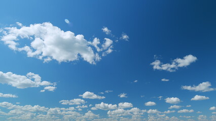 Cloud cloudscape. Puffy fluffy white clouds. Nature weather blue sky. Time lapse.