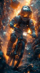 Fototapeta premium A rides a mountain bike through a fiery, otherworldly landscape.