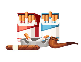 Cigarette in cardboard box with ashtray and cigar vector illustration isolated on white background
