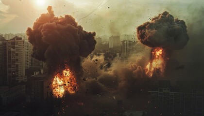 An atomic bomb explodes in the City, the silhouette of a metropolis in ruins, a world conflict between nuclear powers. 