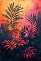 tropical urban fusion, a stunning blend of vibrant tropical hues and gritty textures, merging nature and city elements to create a captivating design