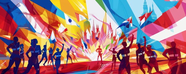 Colorful illustration of Olympic gymnasts performing with flags