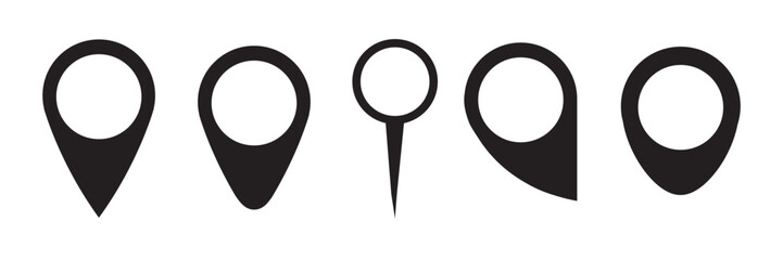 A set of map pin icons in various shapes. Location pointers. Editable vectors.