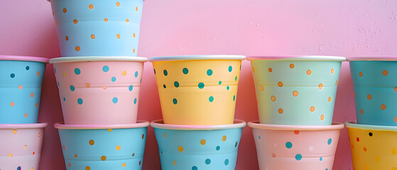 A row of colorful plastic cups with polka dots on them. The cups are arranged in a stack, with the bottom row being the lightest color and the top row being the darkest - Powered by Adobe