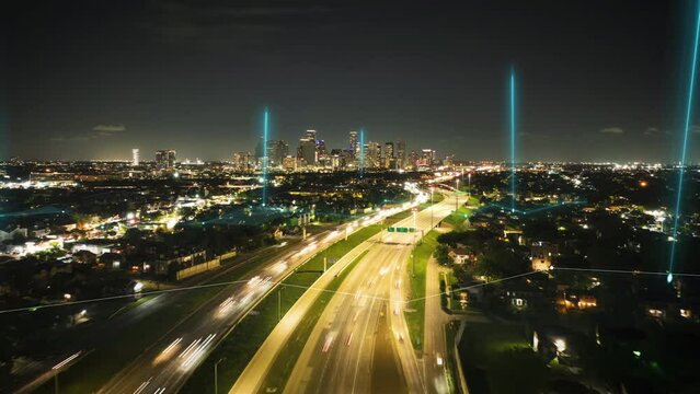 Experience a fast paced cityscape with digital data overlays. Urban analytics and futuristic environments with vibrant data visualizations