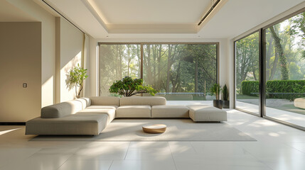 Warm and bright minimalist living room with ecofriendly design and garden view, beautiful rug