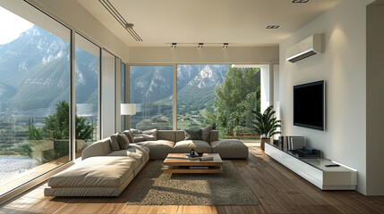 Warm and bright minimalist living room with ecofriendly design and garden view, beautiful rug