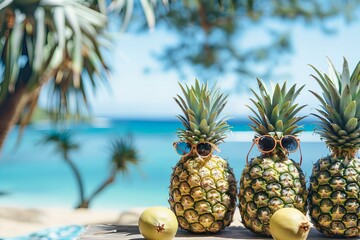 Pineapples with sunglasses sitting on a table at the beach with blue sea background stock photo