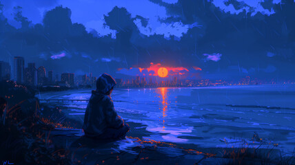 Lofi Lo-fi hooded guy overlooking the scenery, a young guy with a hoodie, illustration, wallpaper, backdrop 16:9
