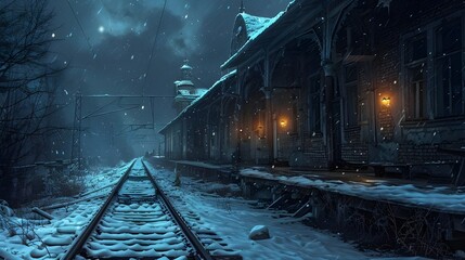 Naklejka premium Generate snowy train station scenes with dark skies using AI.