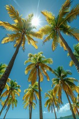 peaceful summer scene tall palm trees gently swaying under a clear blue sky, conveying a tranquil paradise vacation vibe