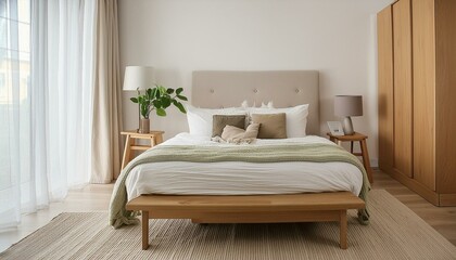A contemporary bedroom with a platform bed, featuring clean lines and a low-profile design, complemented by minimalist decor and neutral colors for a serene sleeping environment