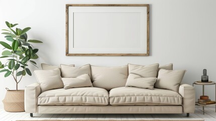 interior design of modern living room with beige fabric sofa and cushions. White wall with frame and space for text, living, furniture