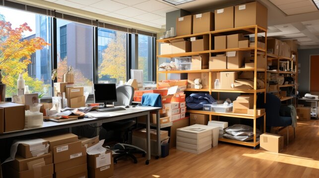 An office storage room filled with boxes, shelves, and a desk with a computer and paperwork