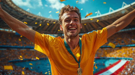 Portrait of an athlete with gold medal, celebrating victory, sport award with ribbon, winner prize. 