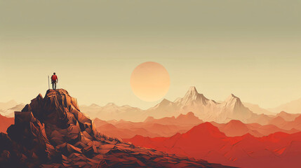 A lone figure stands on a rocky cliff, overlooking a vast and surreal landscape with a large sun and distant mountain range.