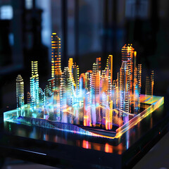 Futuristic Holographic Data Visualization of Illuminated Cityscape with Architectural Skyscrapers in Digital Science and Technology Concept
