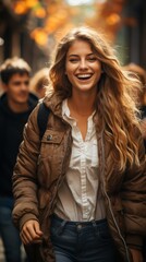 Attractive young woman with a bright smile enjoying a brisk walk on a city street, capturing the essence of urban life
