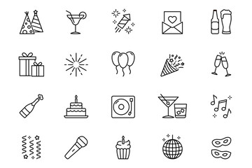  Party, birthday outline icons set. Editable stroke. Confetti, cocktail, fireworks, music