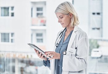 Internet, doctor and woman with tablet in office for patient data, medical trending news and...