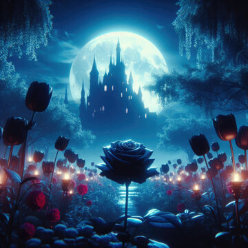 Generative AI Captivating CGI digital cinematic anime image blends vibrant colors with somber tones, The scene is illuminated from below, dramatic light across the landscape. blue full moon backlights