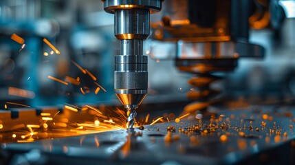 A close-up of an industrial machine in operation, producing bright sparks.