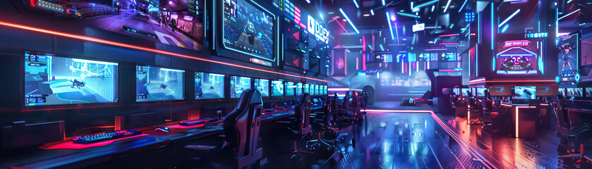 E-Sports Arena Floor: Displaying gaming consoles, spectator seating, streaming booths, and e-sports competitors in action