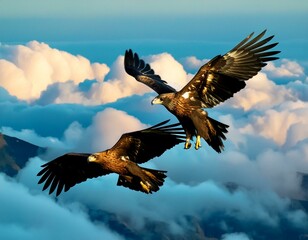 Fototapeta premium A pair of golden eagles soaring majestically through the expansive sky, their wings outstretched against the backdrop of clouds.