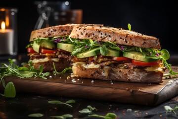 Exquisite sandwiches on a wooden board against a polished cement background