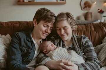 Obraz premium Three women are laying on a couch, one of them holding a baby