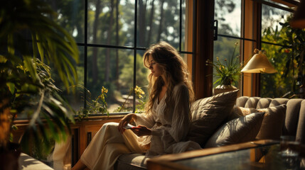 A peaceful scene of a woman relaxing in a comforting cabin interior bathed in sunlight, evoking a sense of tranquility and retreat