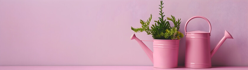 Pink and silver watering cans with a plant in the middle. The pink color of the cans and the plant creates a sense of warmth and comfort