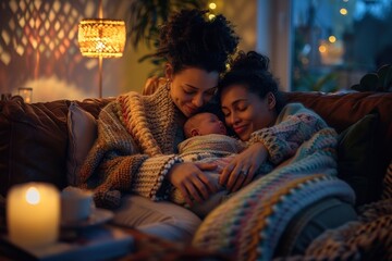 Three women are laying on a couch, one of them holding a baby