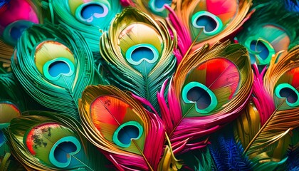 A detailed display of multicolored peacock feathers with vibrant teal, gold, and pink hues, creating a majestic and luxurious design.