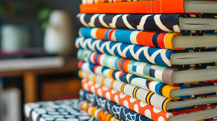 Naklejka premium A stack of books with different patterns and colors. The books are piled on top of each other, creating a visually interesting display. The variety of patterns
