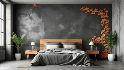 Bedroom interior rusty stone wall with floral framing and furniture