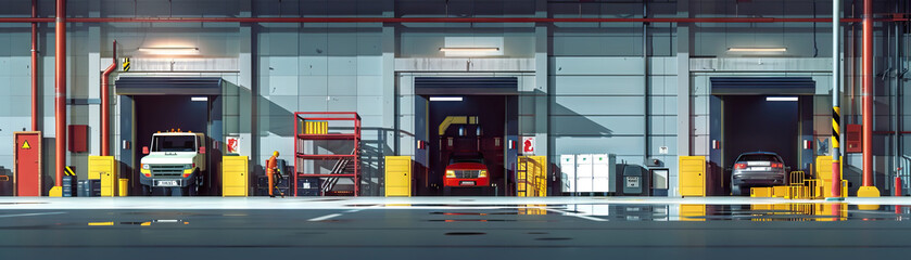 City Maintenance Garage Floor: Featuring city vehicles, maintenance equipment, storage racks, and workers maintaining municipal infrastructure